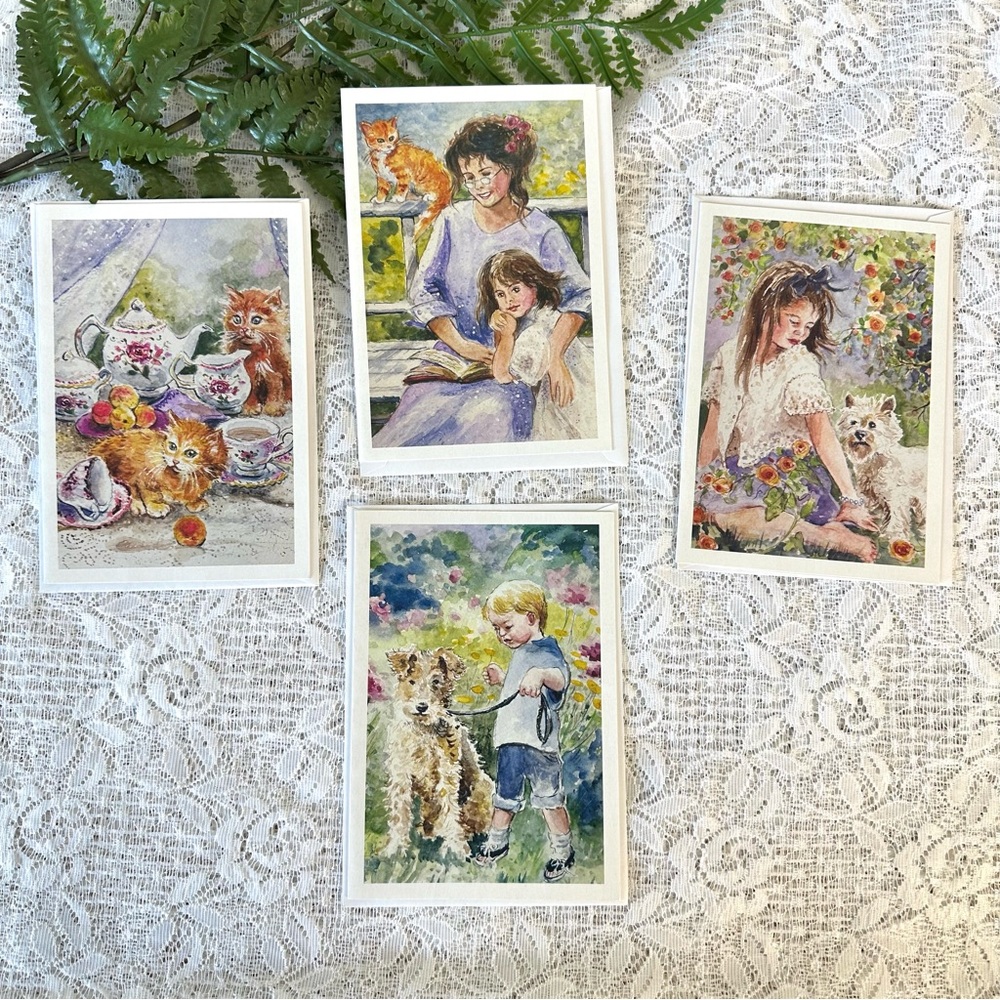 Set of 4 Blank Watercolour Cards w Envelopes 4.5” X 6.5”